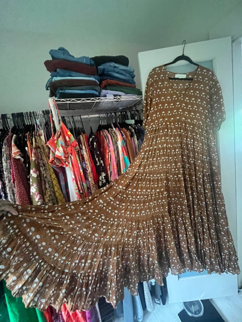 Daughters of India Brown Floral Tiered Maxi Dress with White Print